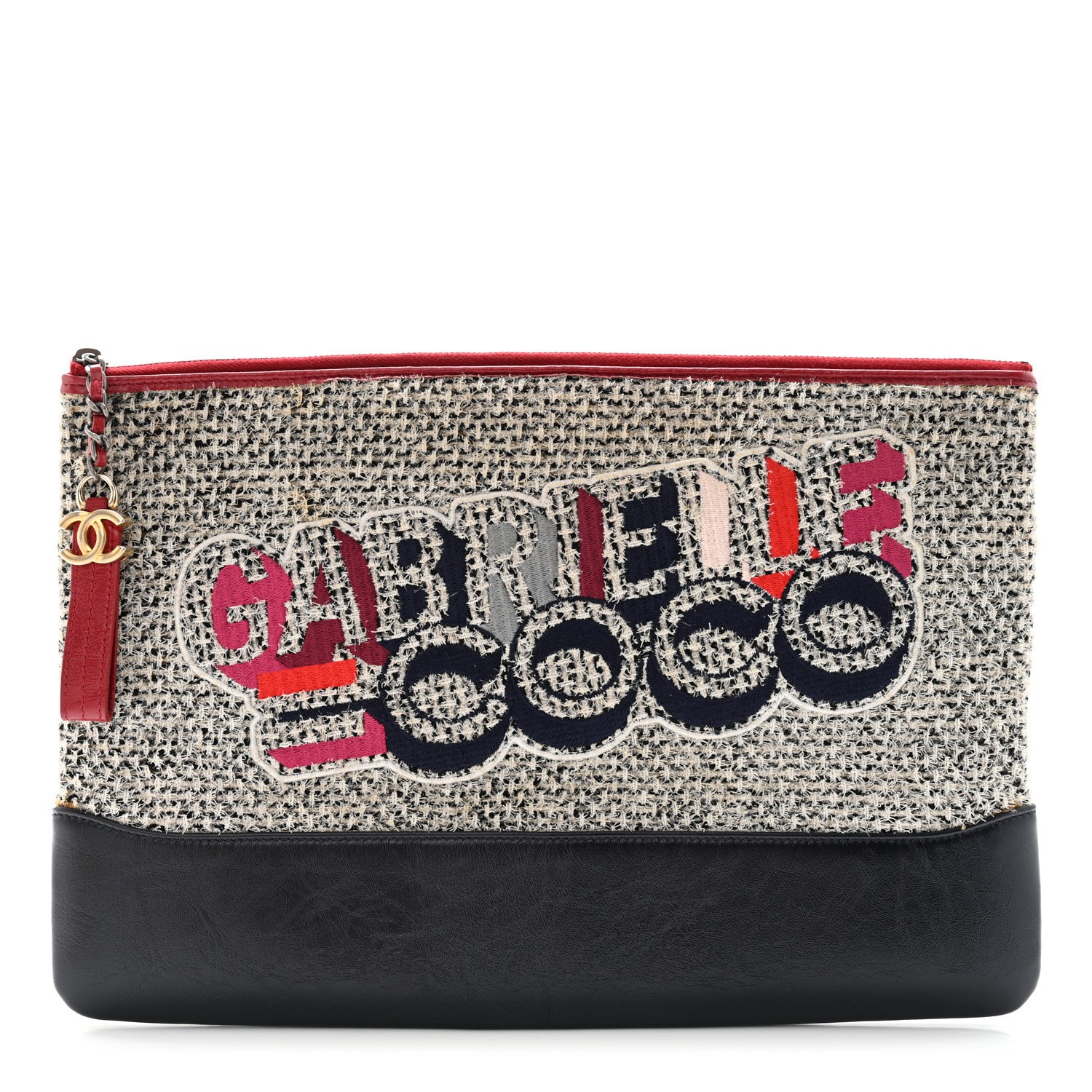 Chanel Tweed Calfskin Quilted Gabrielle Pouch Clutch Grey 1 of 8