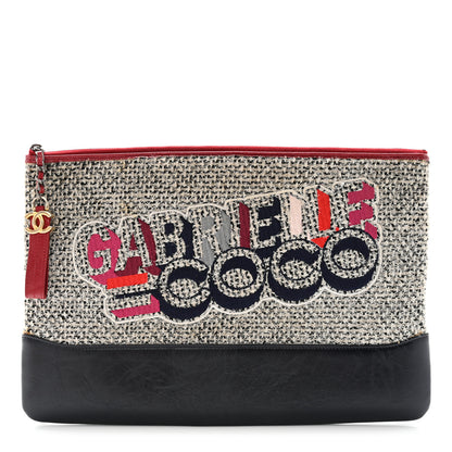 Chanel Tweed Calfskin Quilted Gabrielle Pouch Clutch Grey 1 of 8
