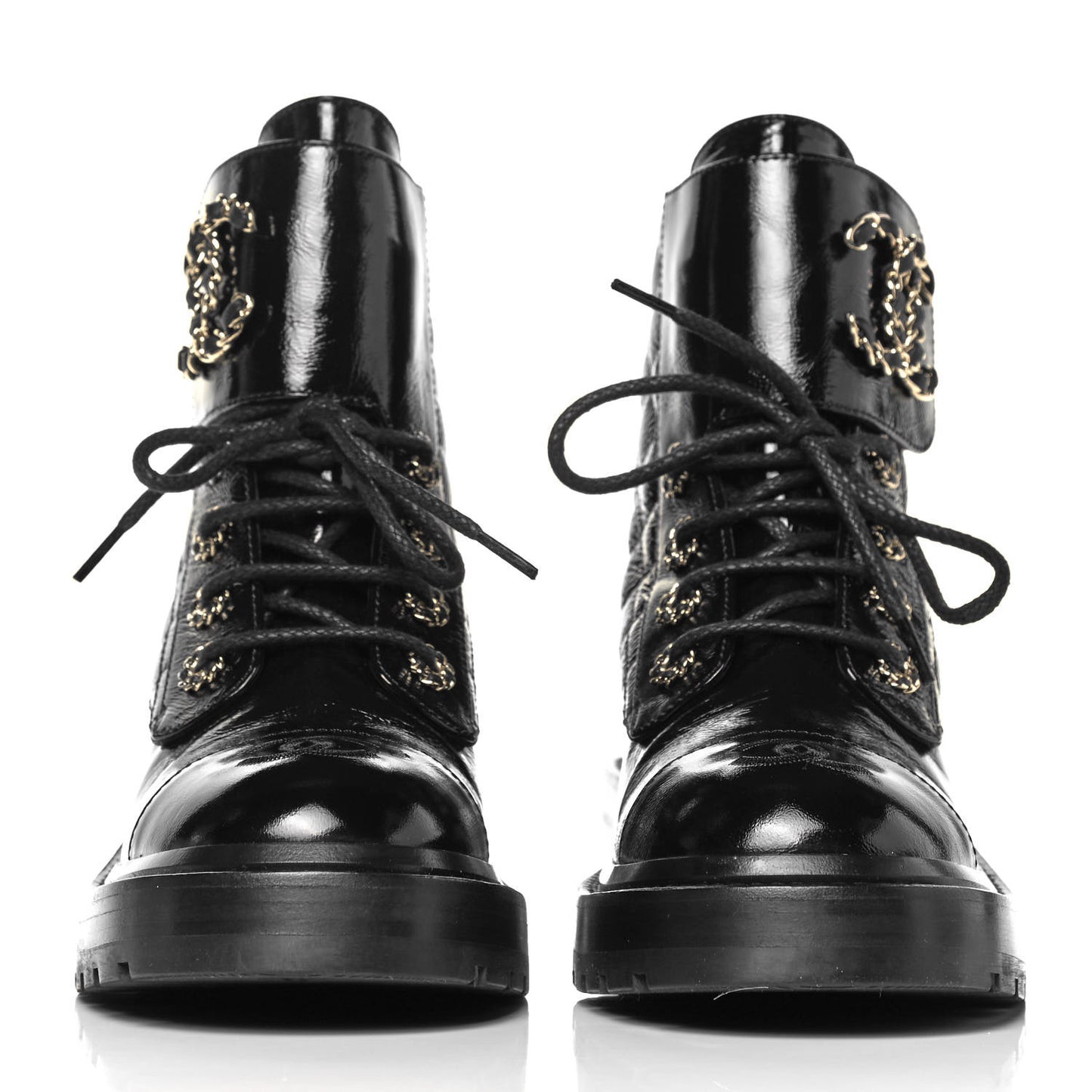 Shiny Calfskin Quilted Lace Up Combat Boots 36 Black