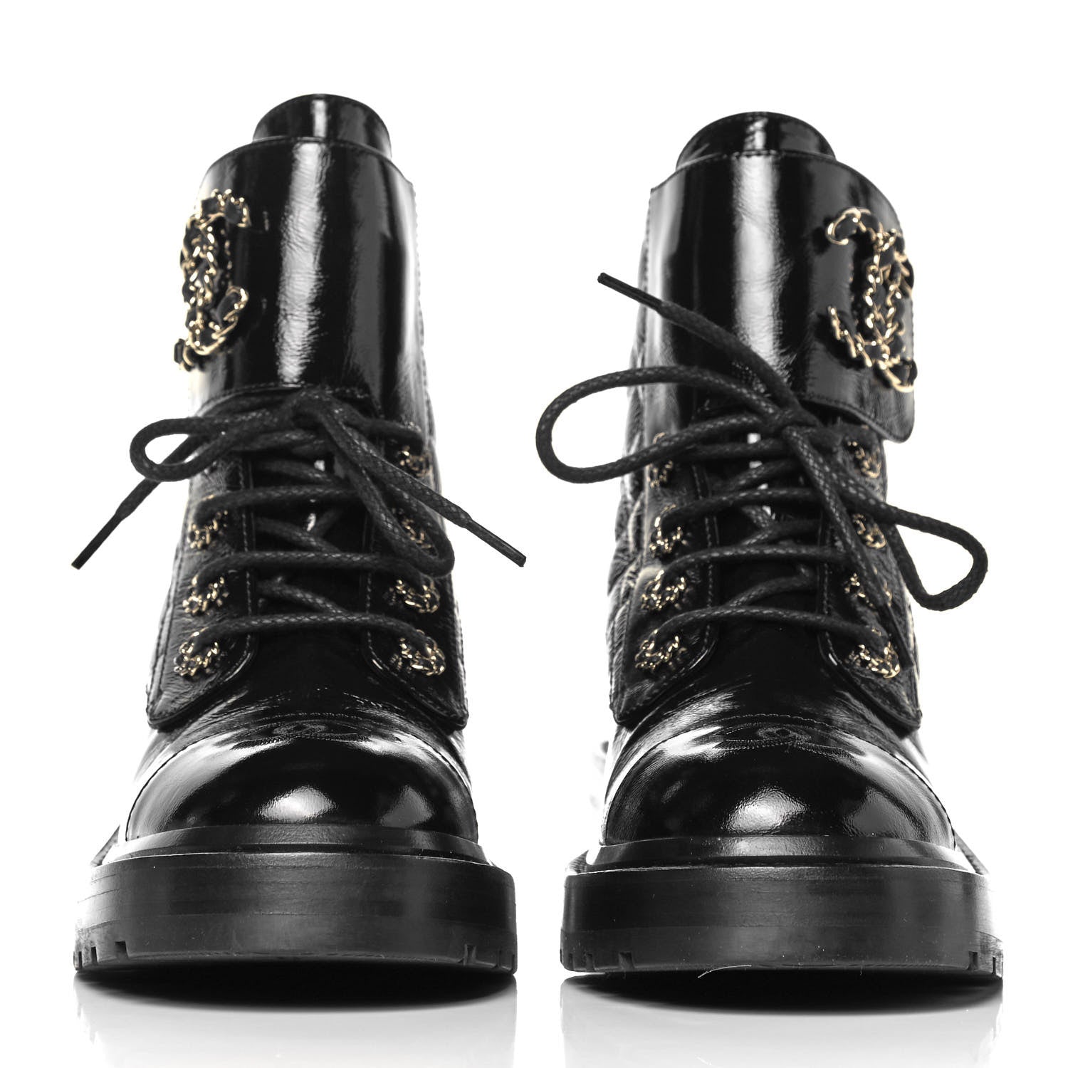 Chanel Shiny Calfskin Quilted Lace Up Combat Boots 36 Black 2 of 7