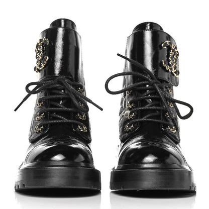 Chanel Shiny Calfskin Quilted Lace Up Combat Boots 36 Black 2 of 7