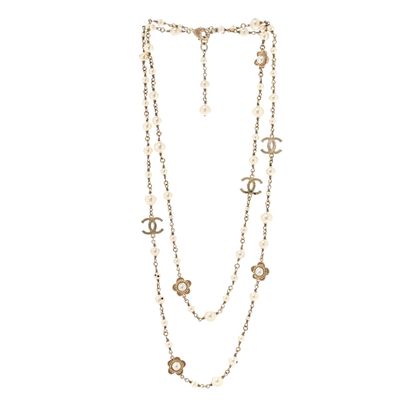 Pearl Bead CC Flower Long Necklace Gold