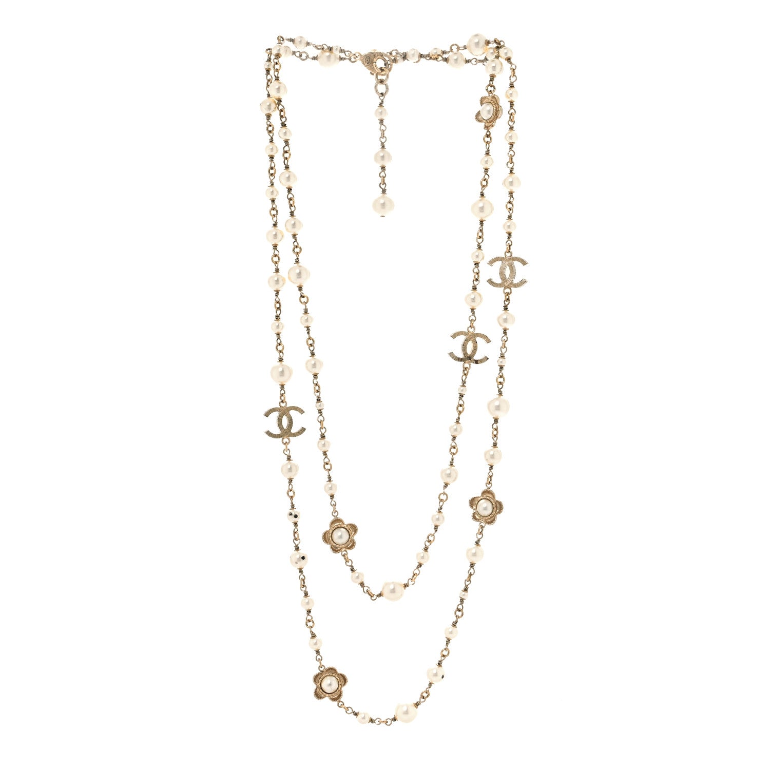 Chanel Pearl Bead CC Flower Long Necklace Gold 3 of 5