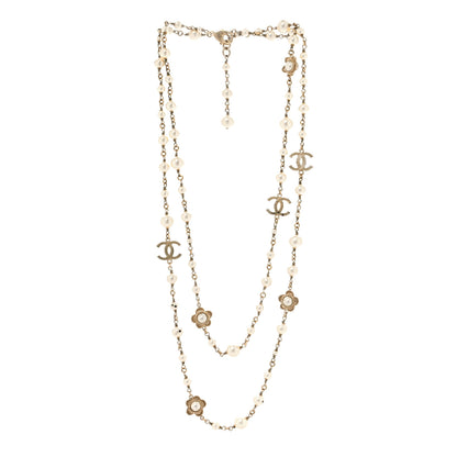 Chanel Pearl Bead CC Flower Long Necklace Gold 3 of 5