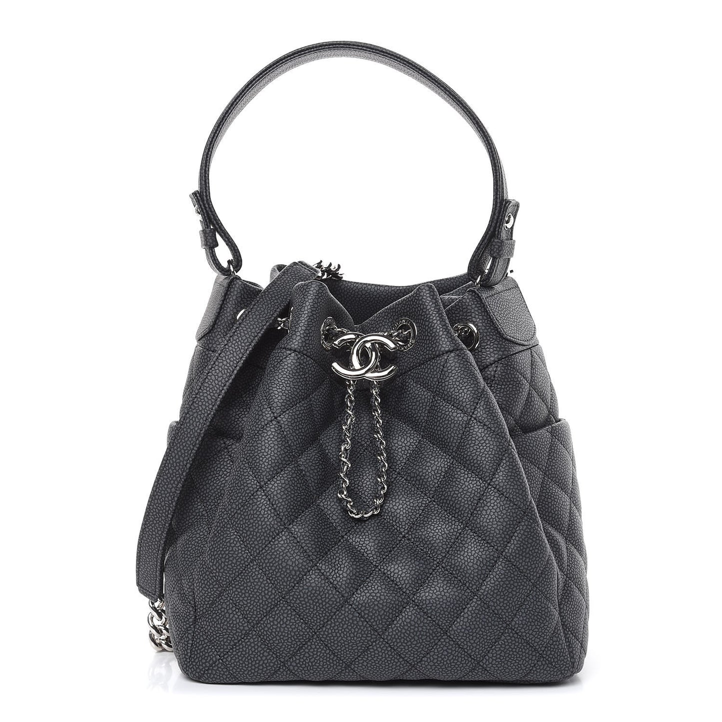 Caviar Flat Quilted CC Chain Bucket Drawstring Bag Black