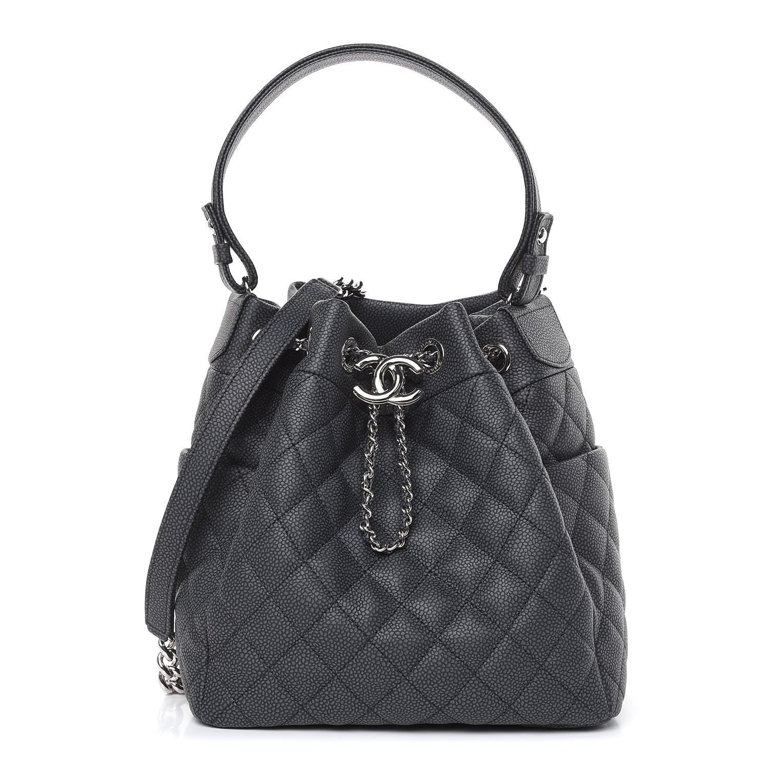 Chanel Caviar Flat Quilted CC Chain Bucket Drawstring Bag Black 1 of 10