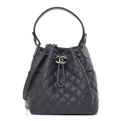 Chanel Caviar Flat Quilted CC Chain Bucket Drawstring Bag Black 1 of 10