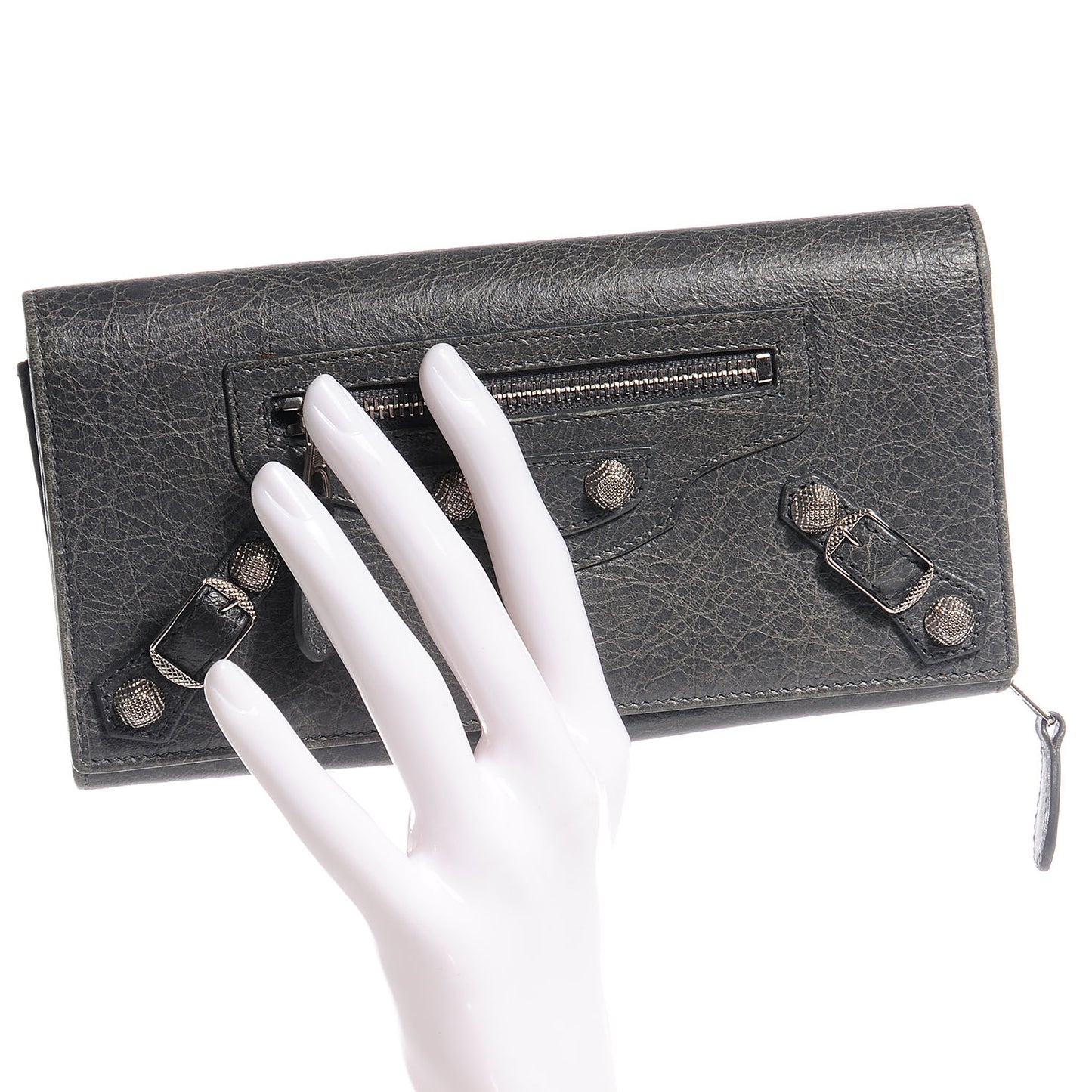Agneau Giant 12 Silver Hardware Money Wallet Gris Tarmac