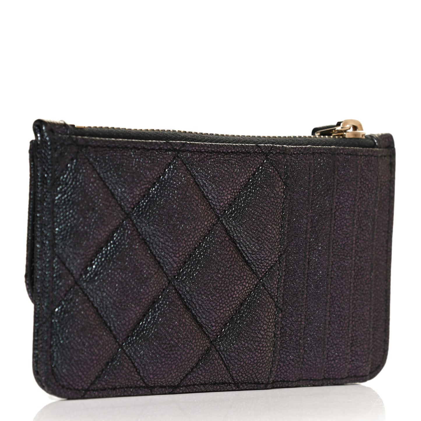 Iridescent Caviar Quilted Flap Zip Card Holder Black