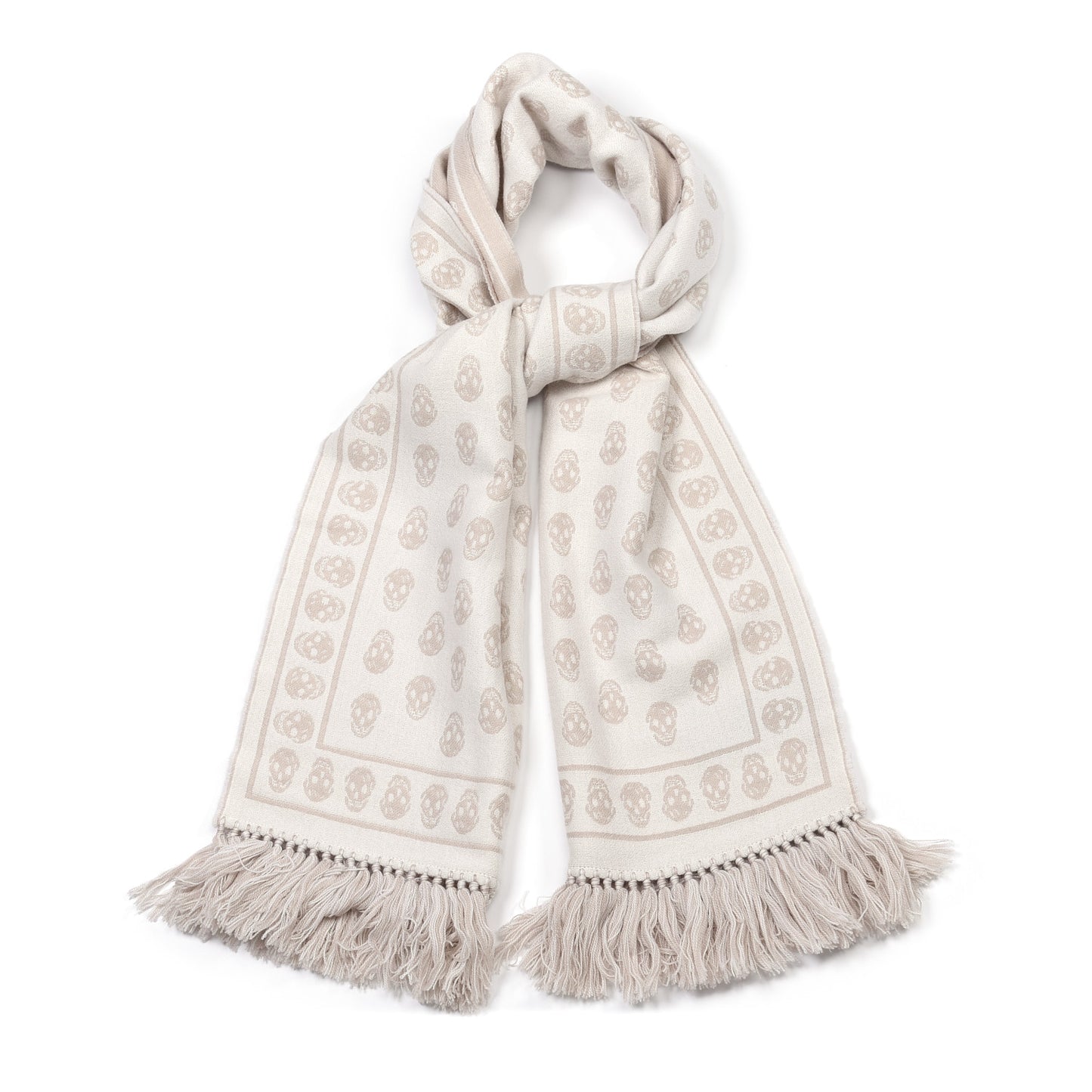 Wool Silk Reversible Skull Scarf White Beige
