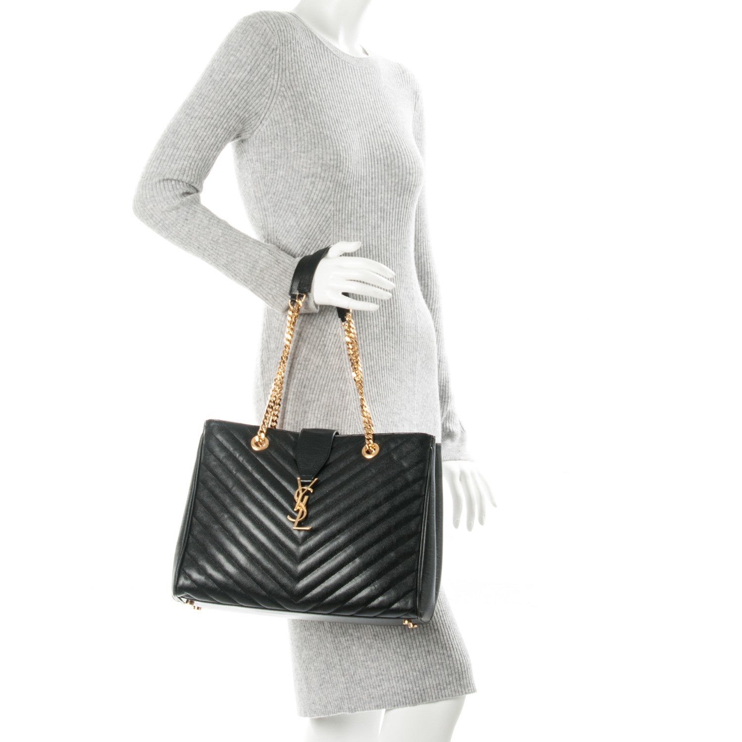 Saint Laurent Grain De Poudre Matelasse Chevron Monogram Shopping Bag Black 2 of 7