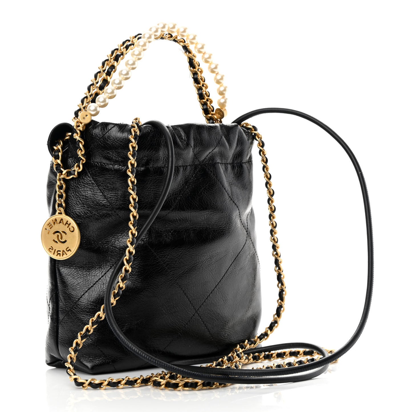 Shiny Crumpled Calfskin Quilted Pearl Mini Chanel 22 Black