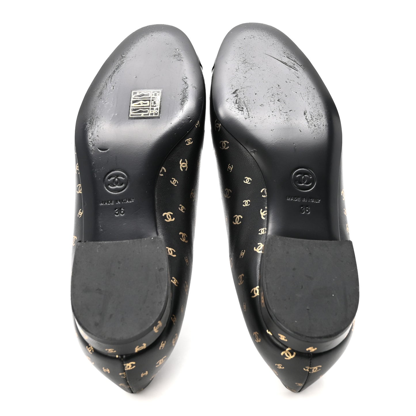 Lambskin Patent Calfskin Printed CC Cap Toe Ballerina Flats 36 Black Gold