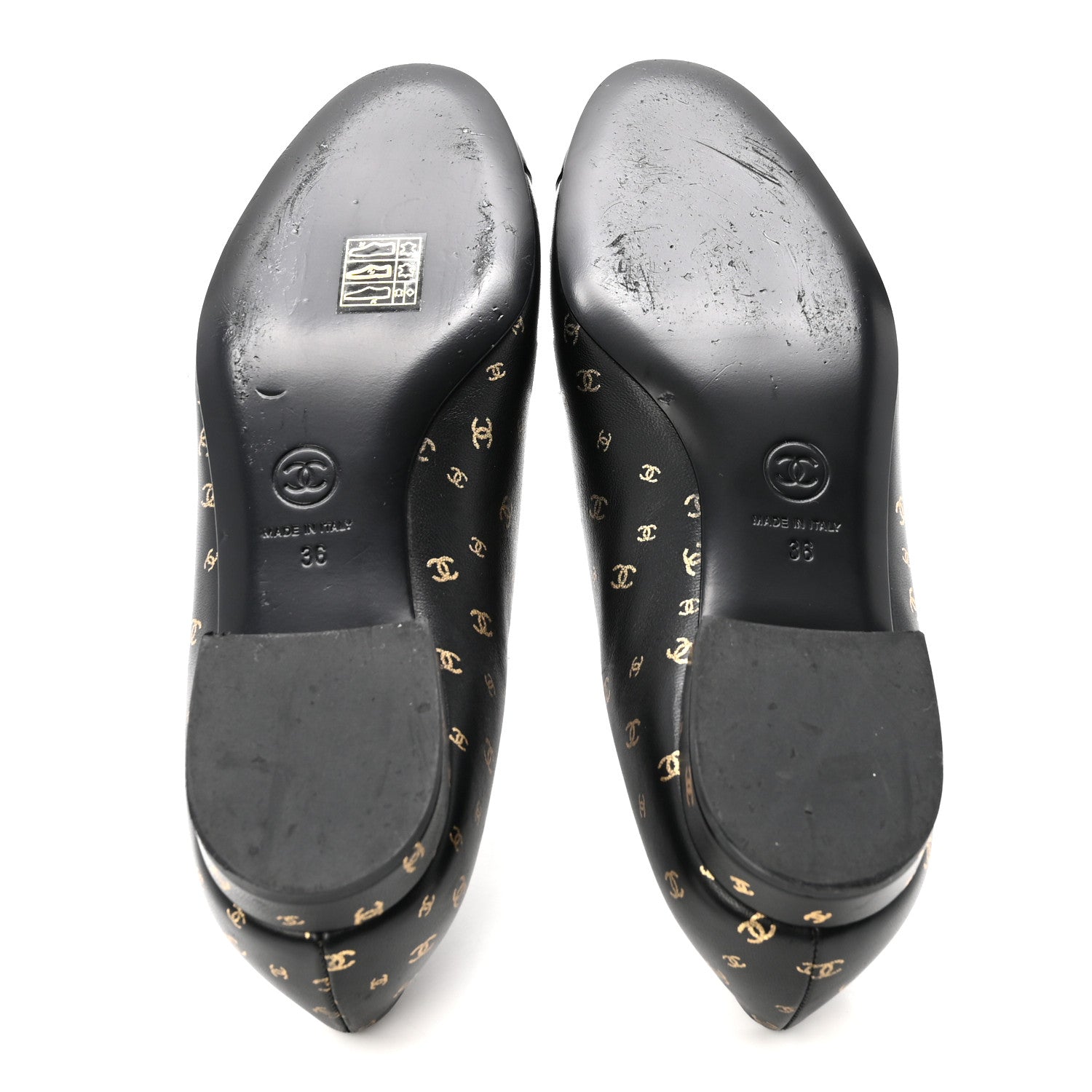 Chanel Lambskin Patent Calfskin Printed CC Cap Toe Ballerina Flats 36 Black Gold 6 of 10
