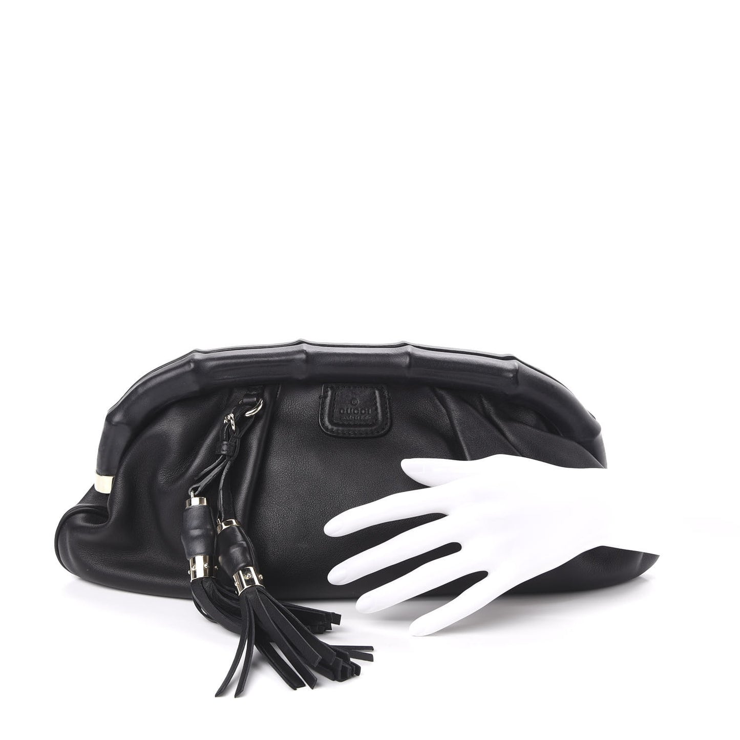 Calfskin Bamboo Frame Top Tassel Clutch Black