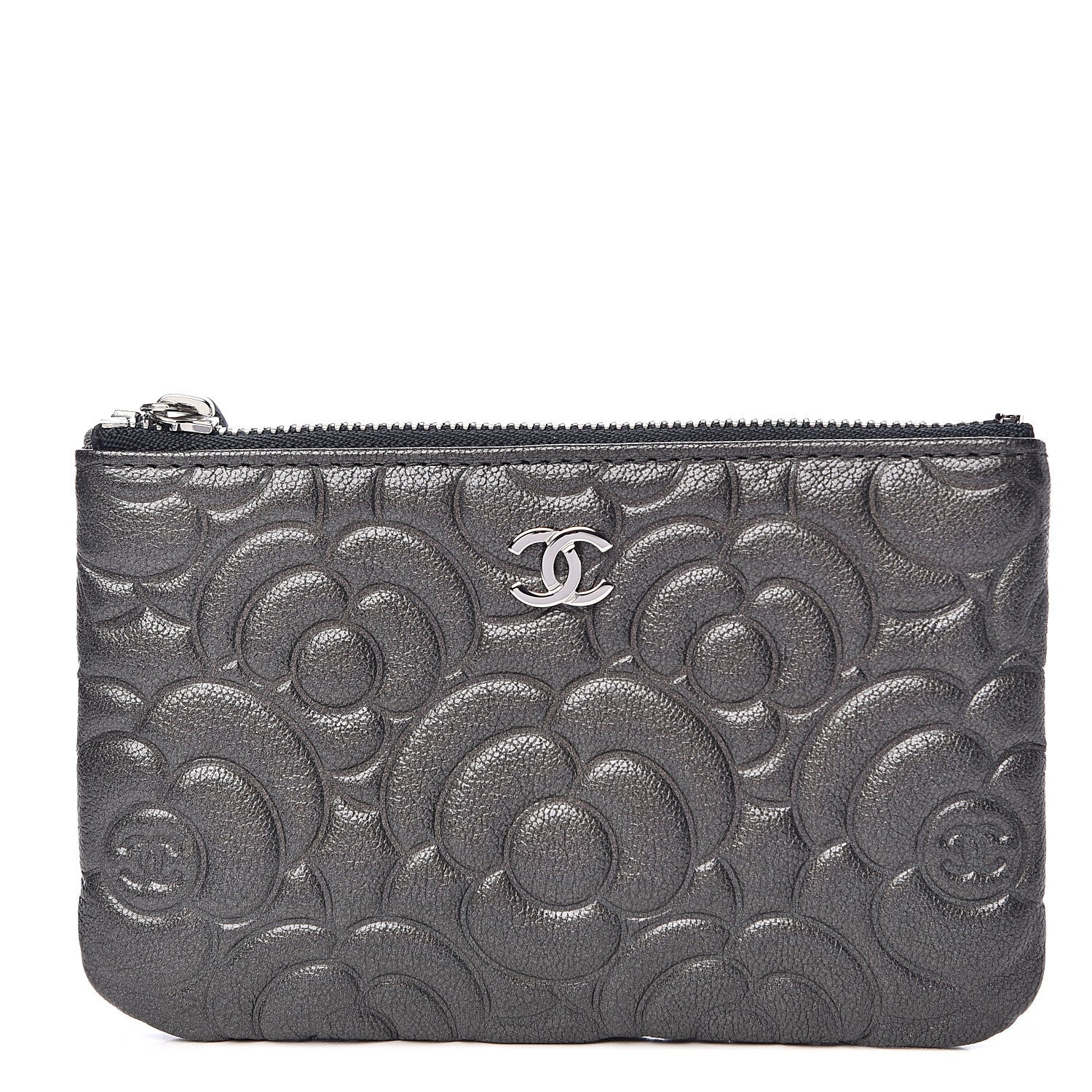 Chanel Goatskin Camellia Embossed Cosmetic Pouch Anthracite 1 of 8