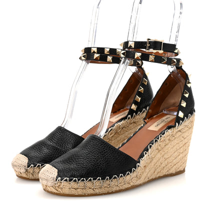 Valentino Garavani Grained Calfskin Rockstud Ankle Wrap Espadrille 15/85mm Wedges 37 Black Light Cuir 4 of 10