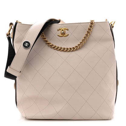 Chanel Calfskin Stitched Large Button Up Hobo Ivory Black 1 of 10