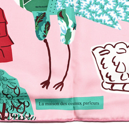 Hermes Silk La Maison Des Oiseaux Parleurs Scarf 90 Rose Vert 4 of 4