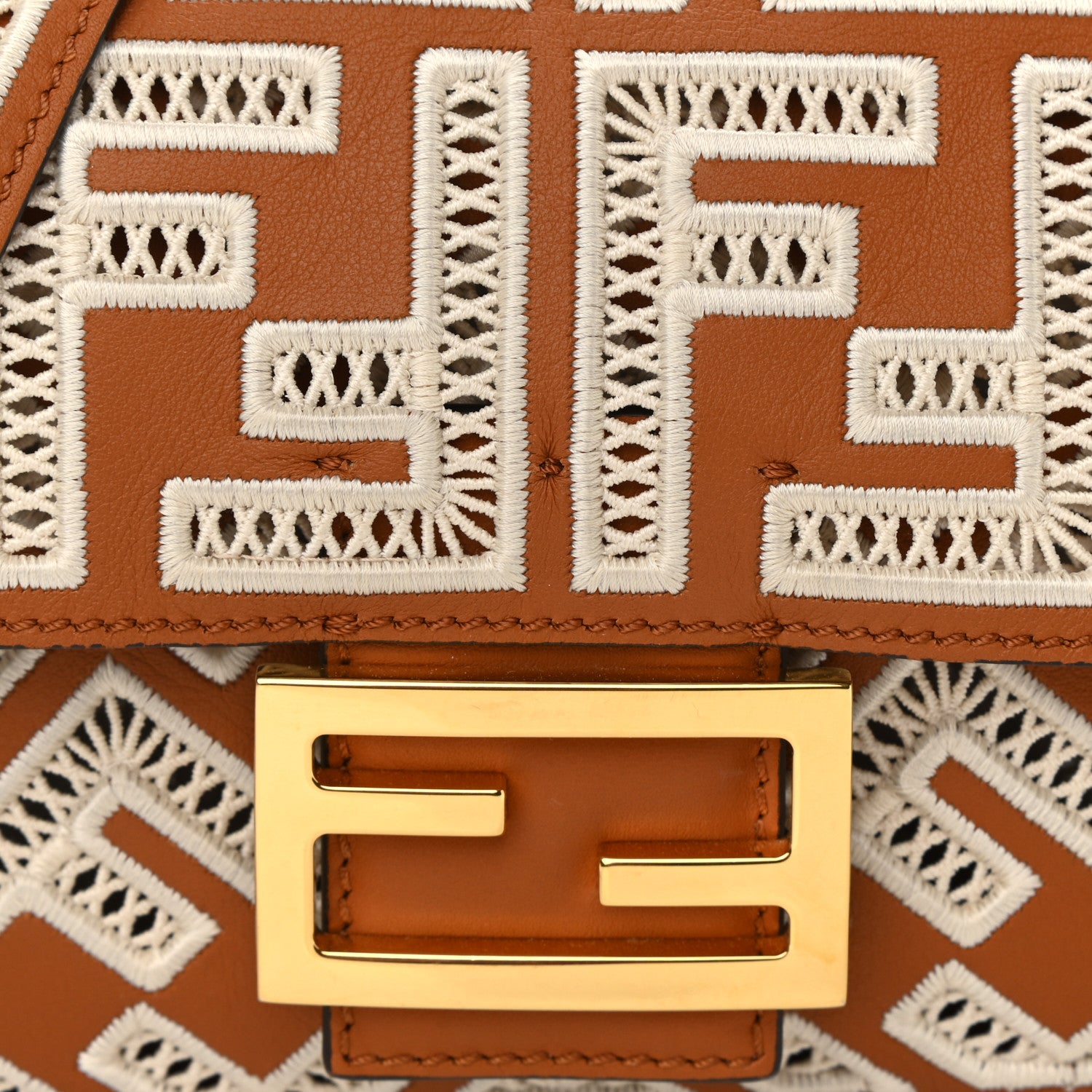 Fendi Vitello Seta FF Ajour Embroidered Baguette Brandy 8 of 14