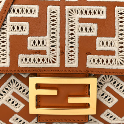 Fendi Vitello Seta FF Ajour Embroidered Baguette Brandy 8 of 14