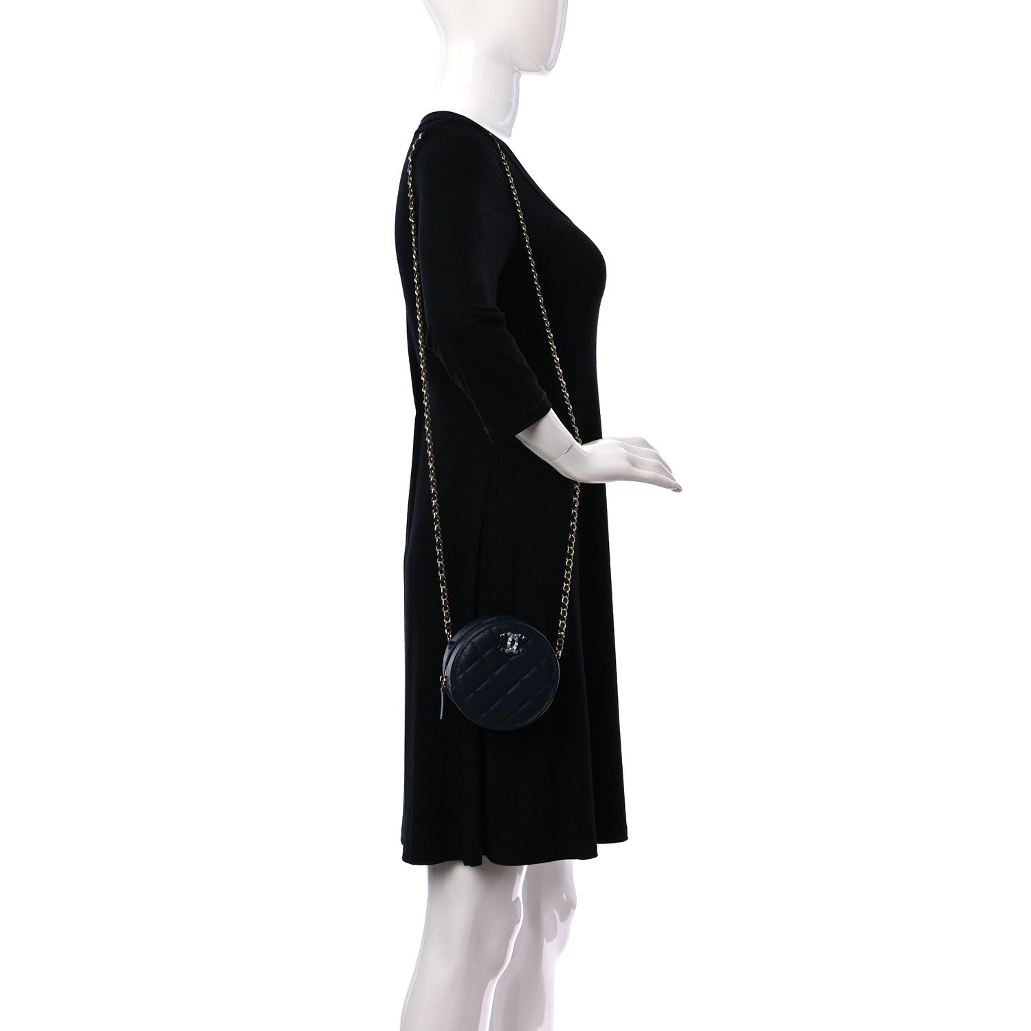 Chanel Caviar Quilted Gripoix CC Round Clutch With Chain Navy 2 of 11