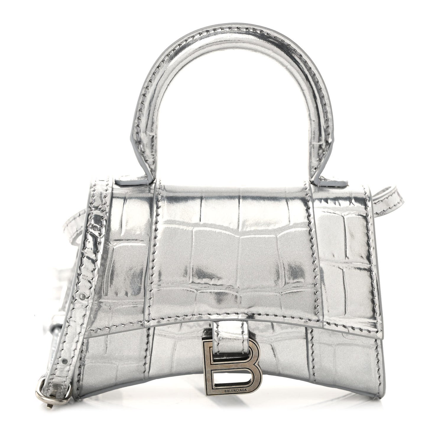 Metallic Calfskin Crocodile Embossed Hourglass Top Handle Bag Mini Silver
