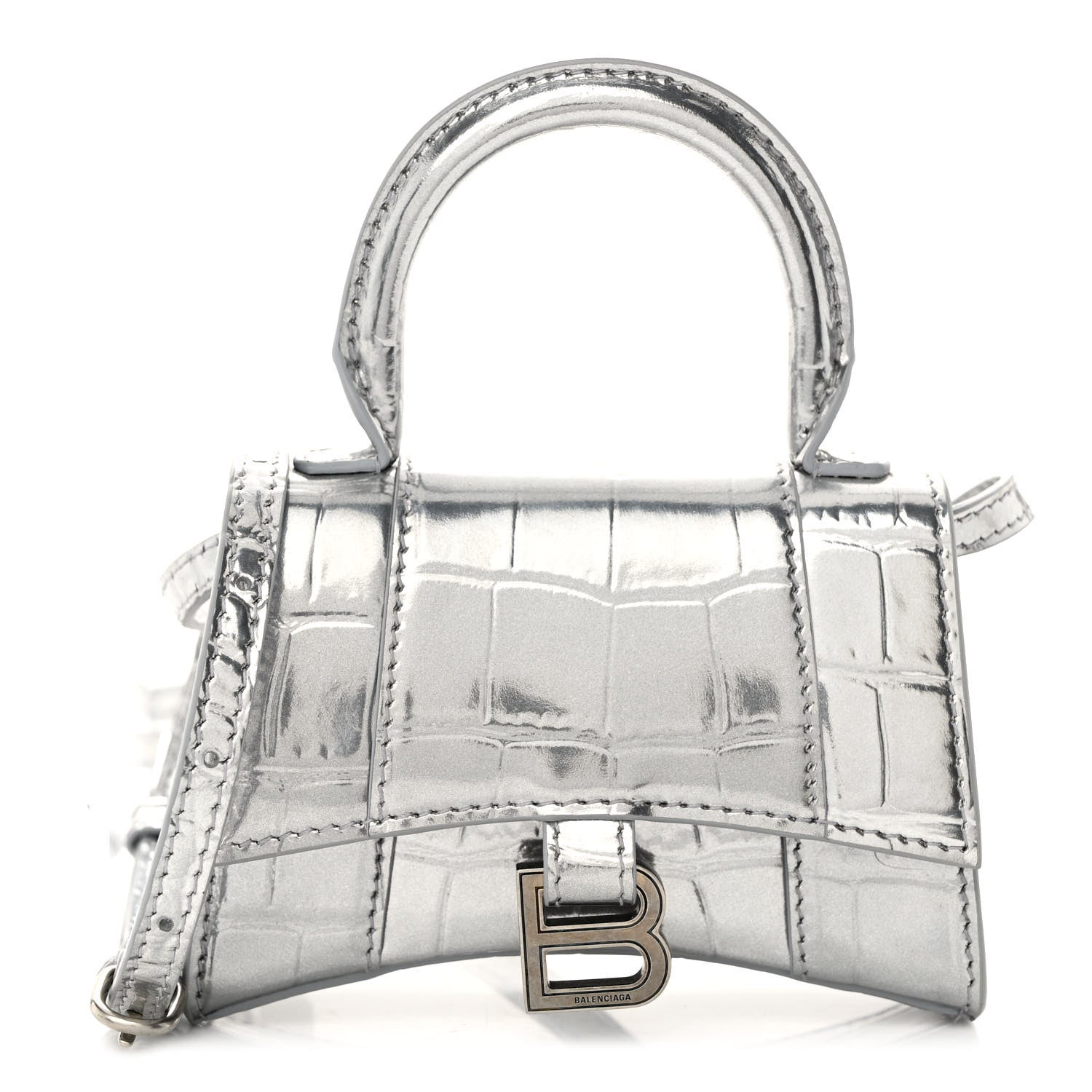 Balenciaga Metallic Calfskin Crocodile Embossed Hourglass Top Handle Bag Mini Silver 1 of 9