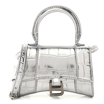 Balenciaga Metallic Calfskin Crocodile Embossed Hourglass Top Handle Bag Mini Silver 1 of 9