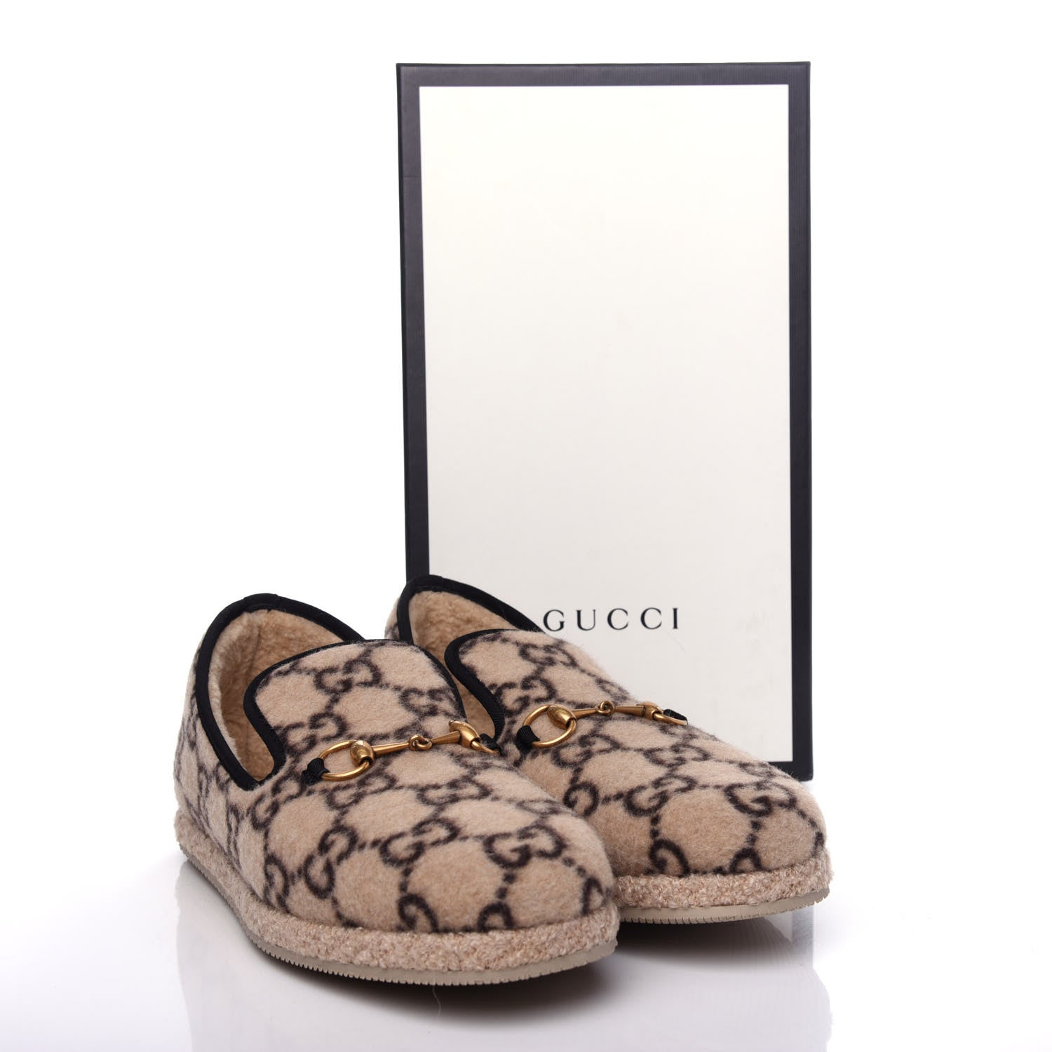 Gucci Covered Wool GG Monogram Mens Fria Horsebit Loafers 10.5 Beige Ebony Black Butterscotch 11 of 11