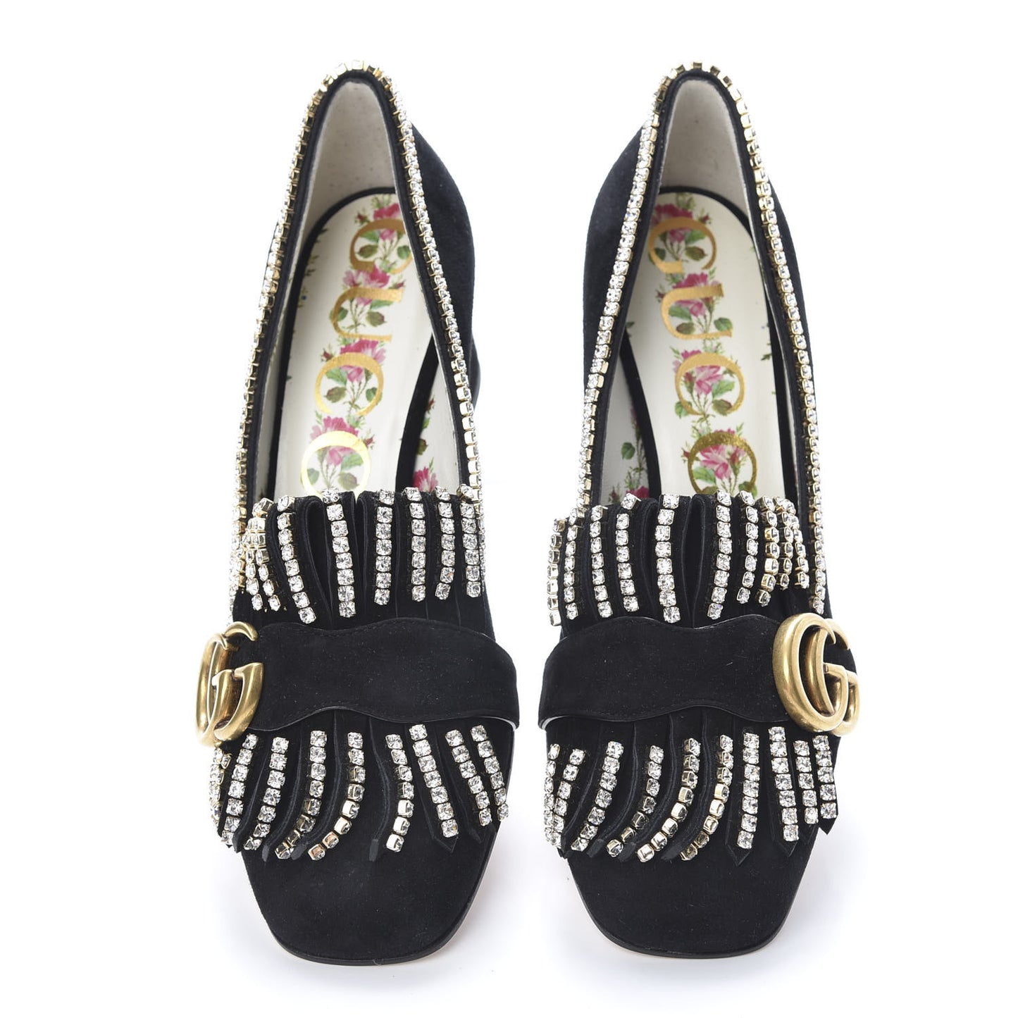 Kid Scamosciato Crystal GG Marmont Fringe 50mm Loafer Pumps 35.5 Black