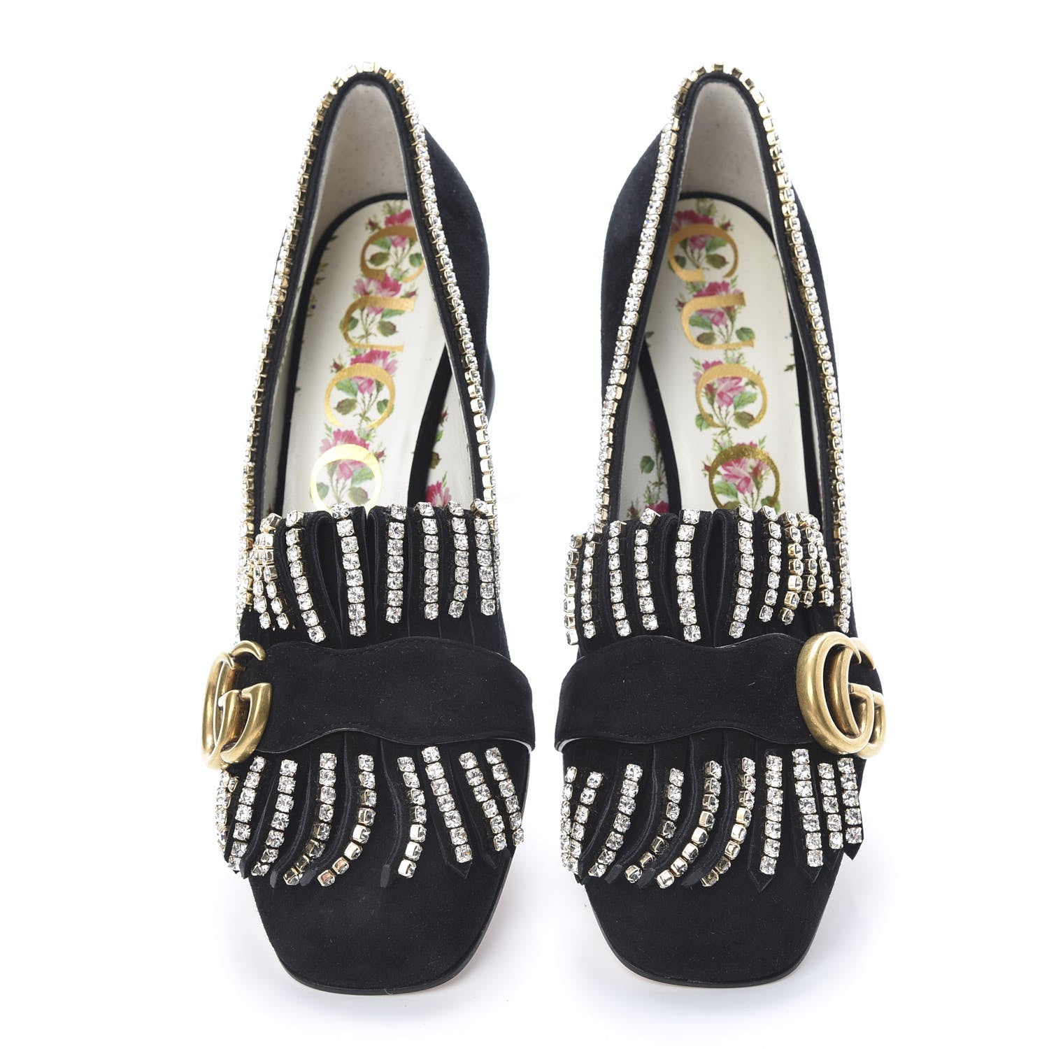 Gucci Kid Scamosciato Crystal GG Marmont Fringe 50mm Loafer Pumps 35.5 Black 5 of 9