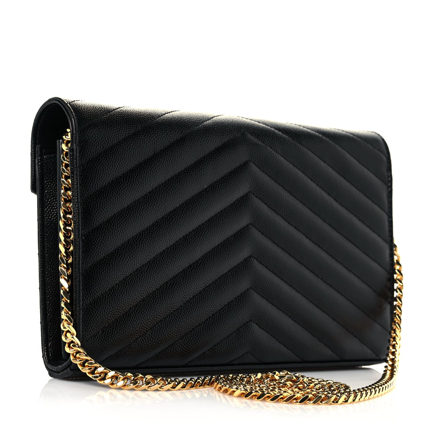 Saint Laurent Grain De Poudre Matelasse Chevron Monogram Chain Wallet Black 3 of 12