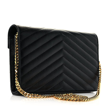 Saint Laurent Grain De Poudre Matelasse Chevron Monogram Chain Wallet Black 3 of 12