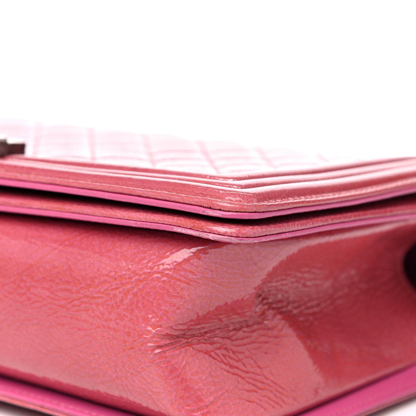 Distressed Patent Calfskin Quilted New Medium Boy Flap Pink