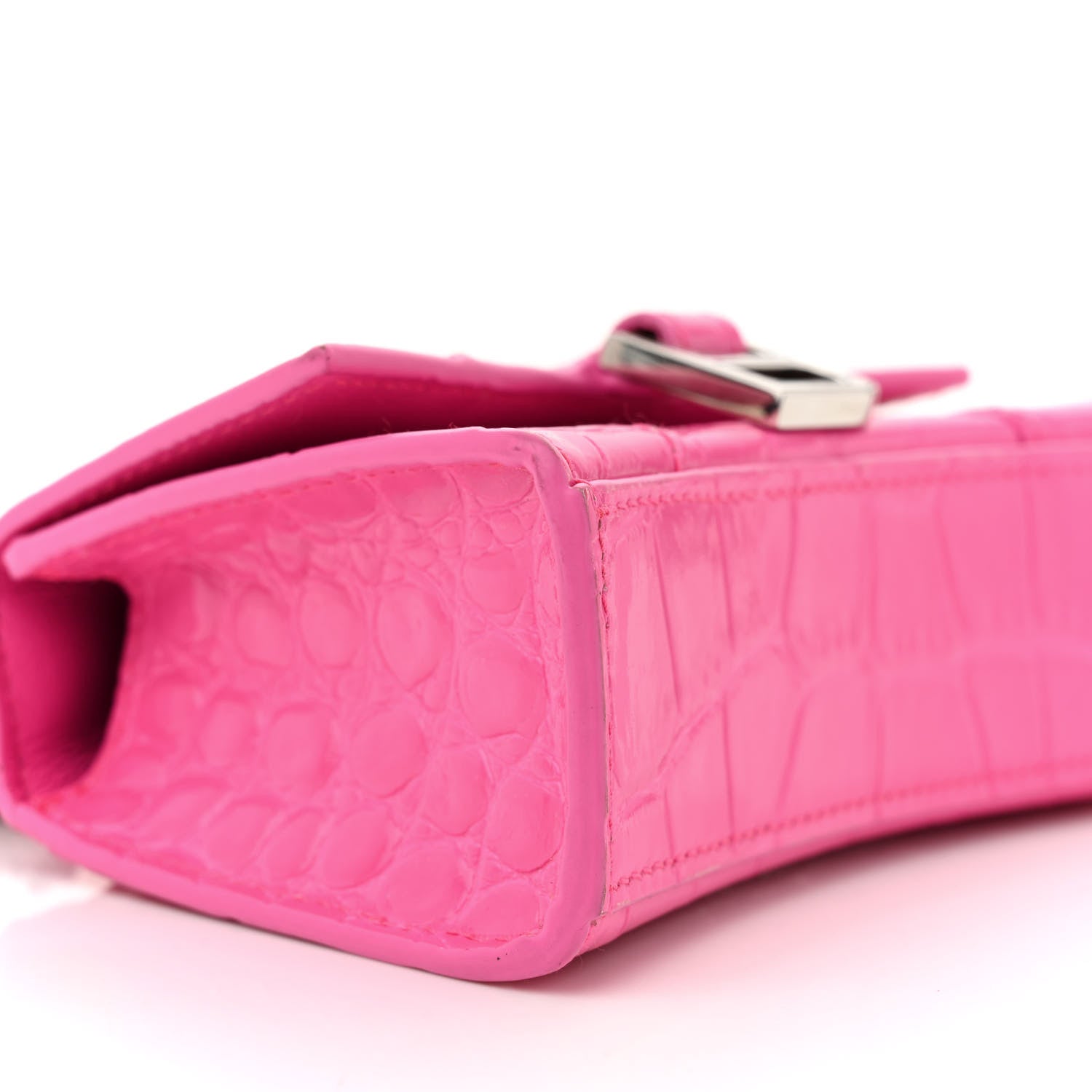 Balenciaga Shiny Calfskin Crocodile Embossed Hourglass Top Handle Bag Mini with Chain Neon Pink 8 of 14