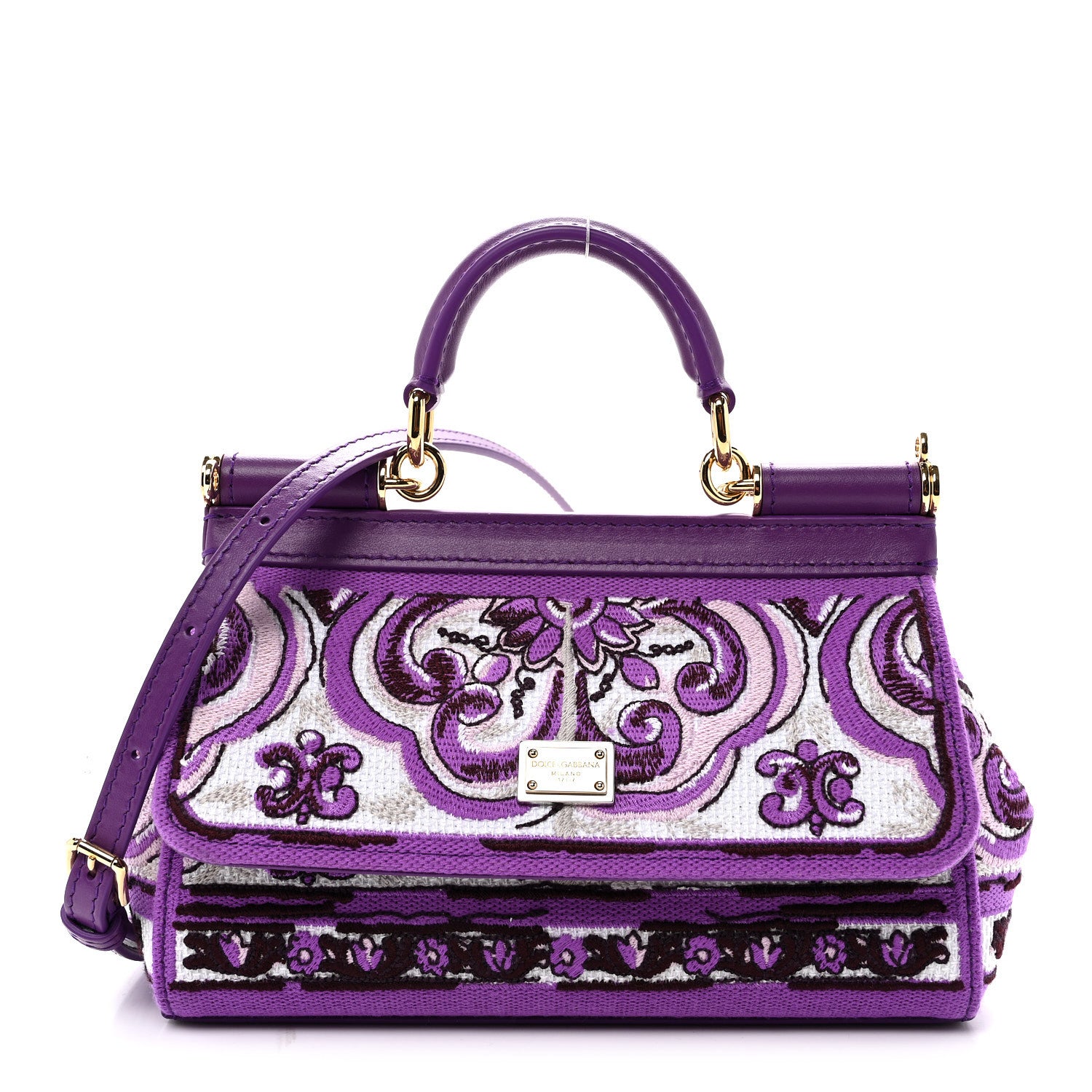 Dolce & Gabbana Canvas Embroidery Majolica Small Sicily Handbag Purple 1 of 9