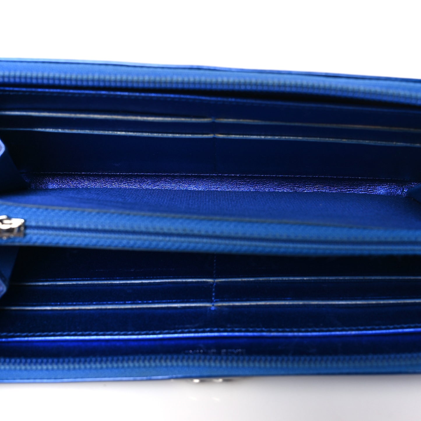 Metallic Patent Calfskin Quilted Boy L-Gusset Zip Wallet Blue
