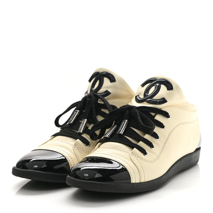 Chanel Lambskin Patent Calfskin CC Sneakers 37.5 White Black 3 of 9