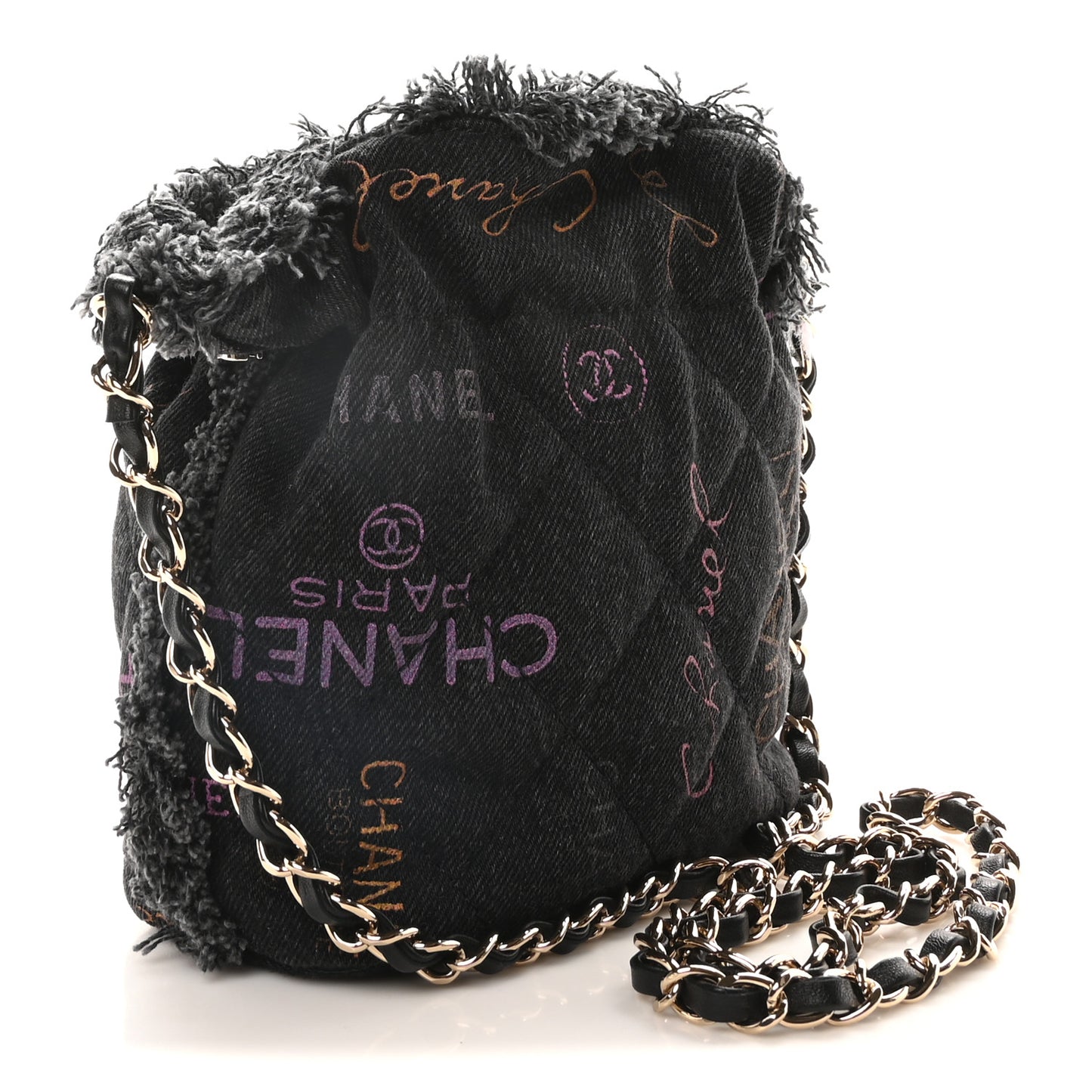 Denim Quilted Mood Small Bucket With Chain Black Multicolor