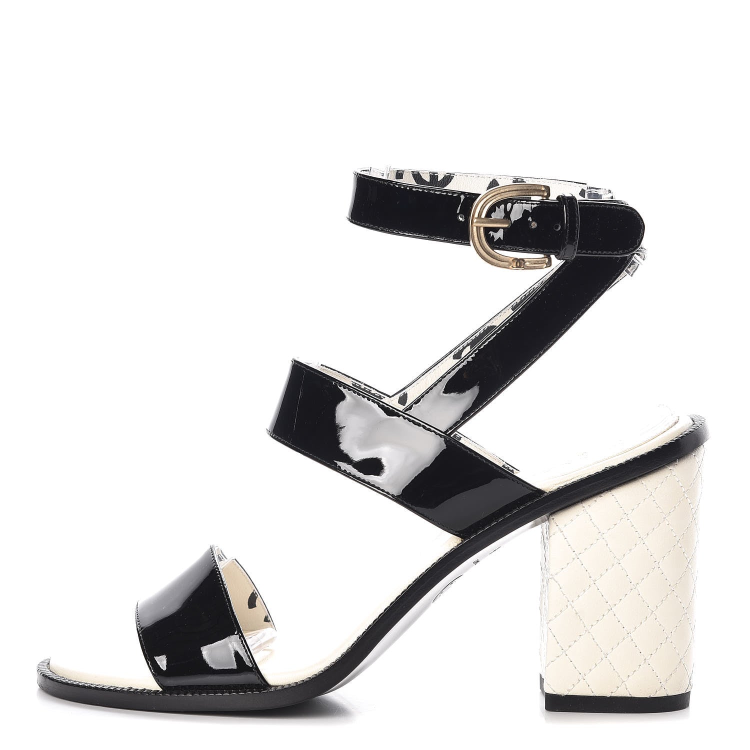 Chanel Patent Calfskin Quilted Heel Sandals 36.5 Black White 1 of 9