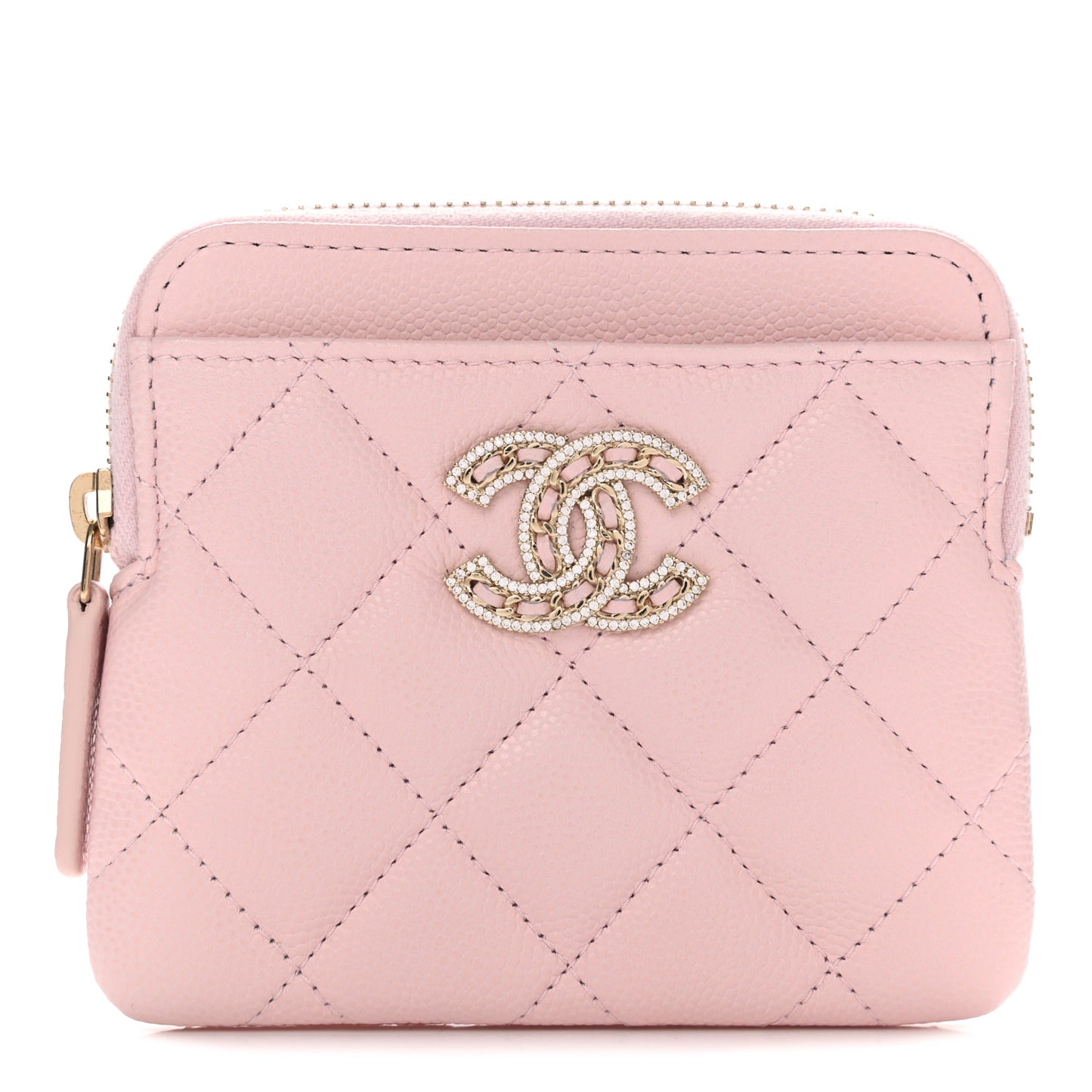 Caviar Quilted Crystal Zip Card Holder Wallet Light Pink