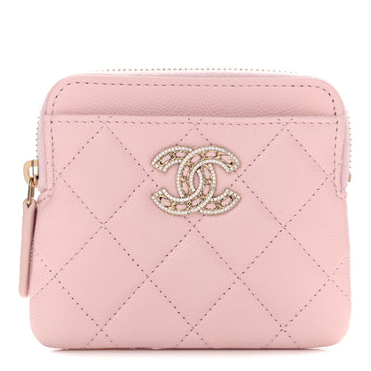 Chanel Caviar Quilted Crystal Zip Card Holder Wallet Light Pink 1 of 8