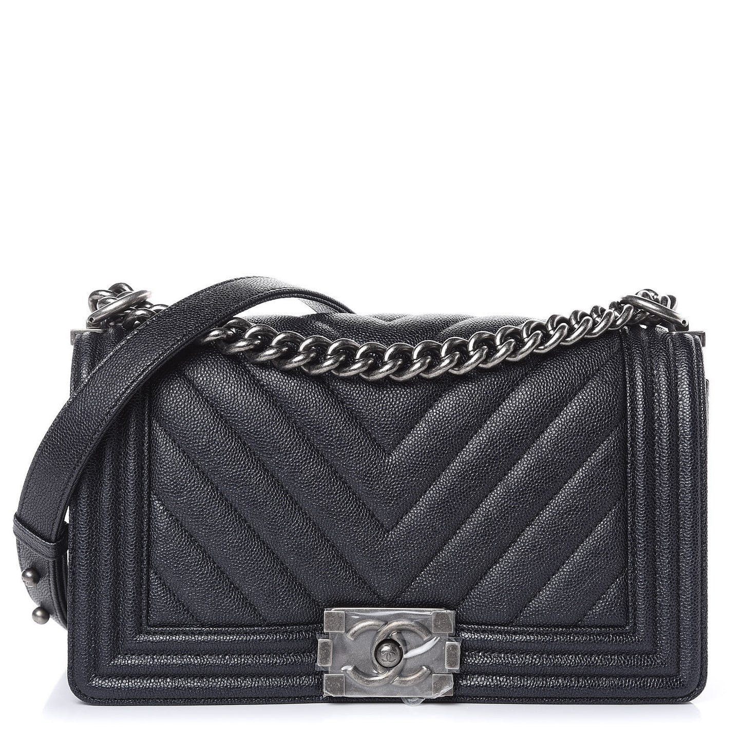 Caviar Chevron Quilted Medium Boy Flap Navy