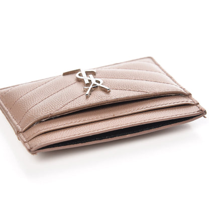 Saint Laurent Grain De Poudre Matelasse Chevron Monogram Credit Card Case Dark Beige 12 of 14