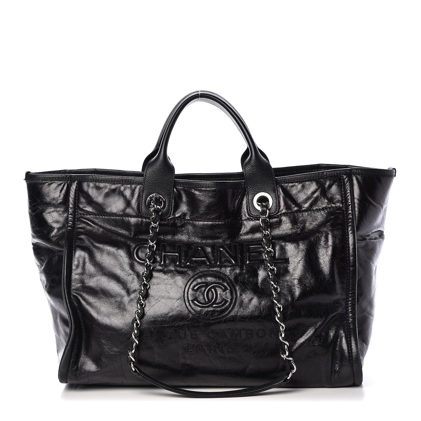 Glazed Calfskin Large Deauville Tote Black
