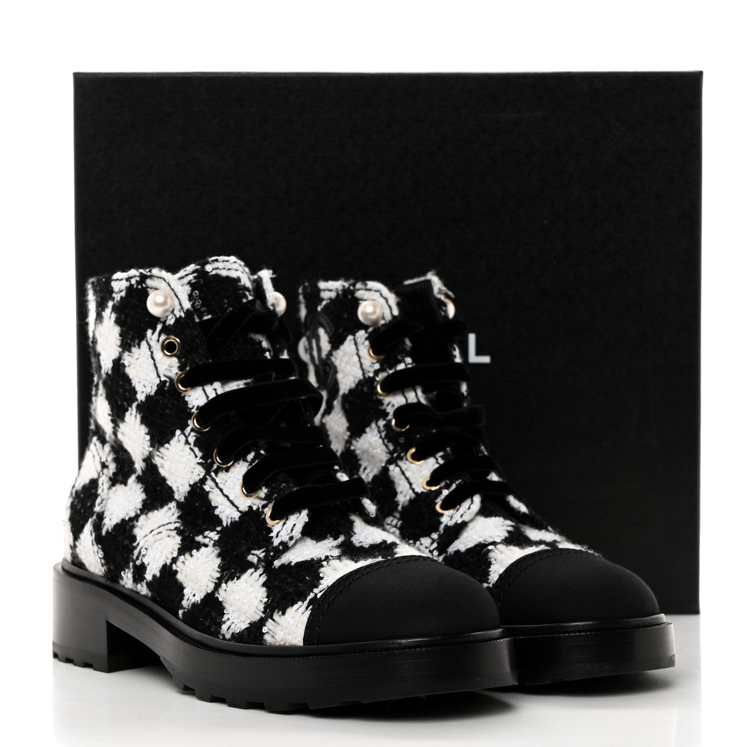 Chanel Tweed Grosgrain Pearl Combat Short Boots 38.5 White Black 9 of 9