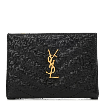Saint Laurent Grain De Poudre Matelasse Chevron Monogram Zipped Two-Part Wallet Black 1 of 6