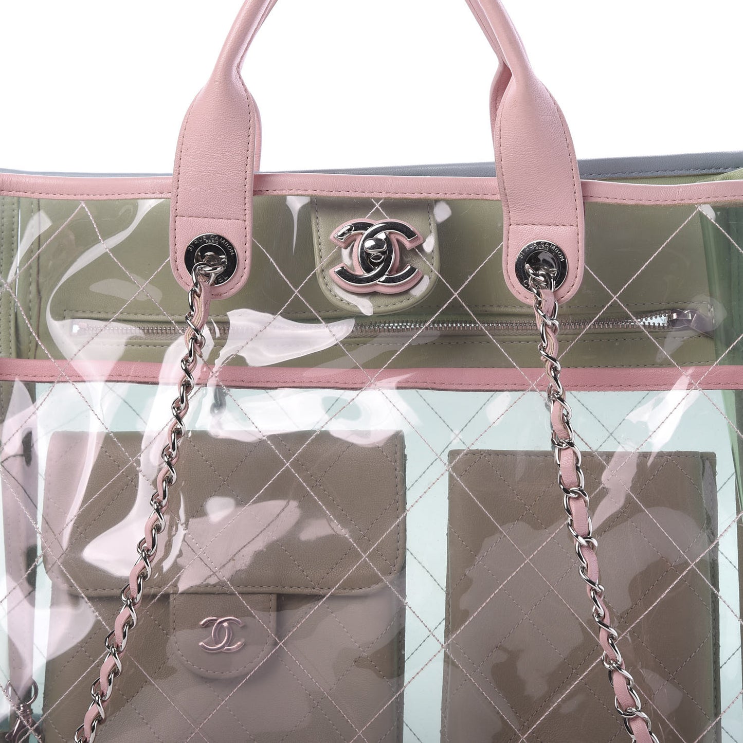 PVC Lambskin Stitched Medium Coco Splash Shopping Bag Green Pink