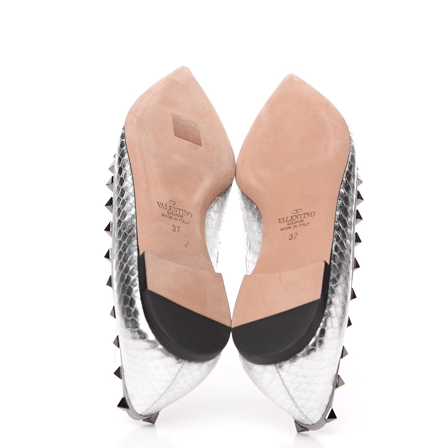 Metallic Elaphe Snakeskin Rockstud Ballerina Flats 37 Silver